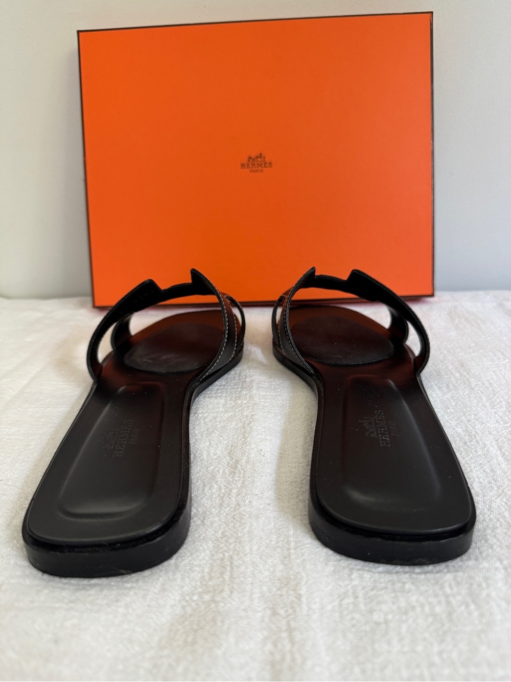 Hermes Black Leather Oran Slide Sandals - Picture 3 of 4